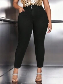 SHEIN EZwear 大尺碼女士簡單黑色緊身牛仔褲 - 黑色 - 查看 3