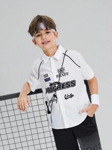 Tween男孩鬆身運動領紡織短袖圖案襯衫 - 白色 - 查看 6