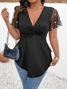 Celure Áo thun cổ chữ V sâu tương phản lưới kim tuyến cỡ lớn phía trước xoắn - màu đen - Xem 5