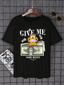SHEIN Sparklyn Áo thun Tween Boy giản dị và sành điệu có in hình mèo và tiền - màu đen - Xem 6
