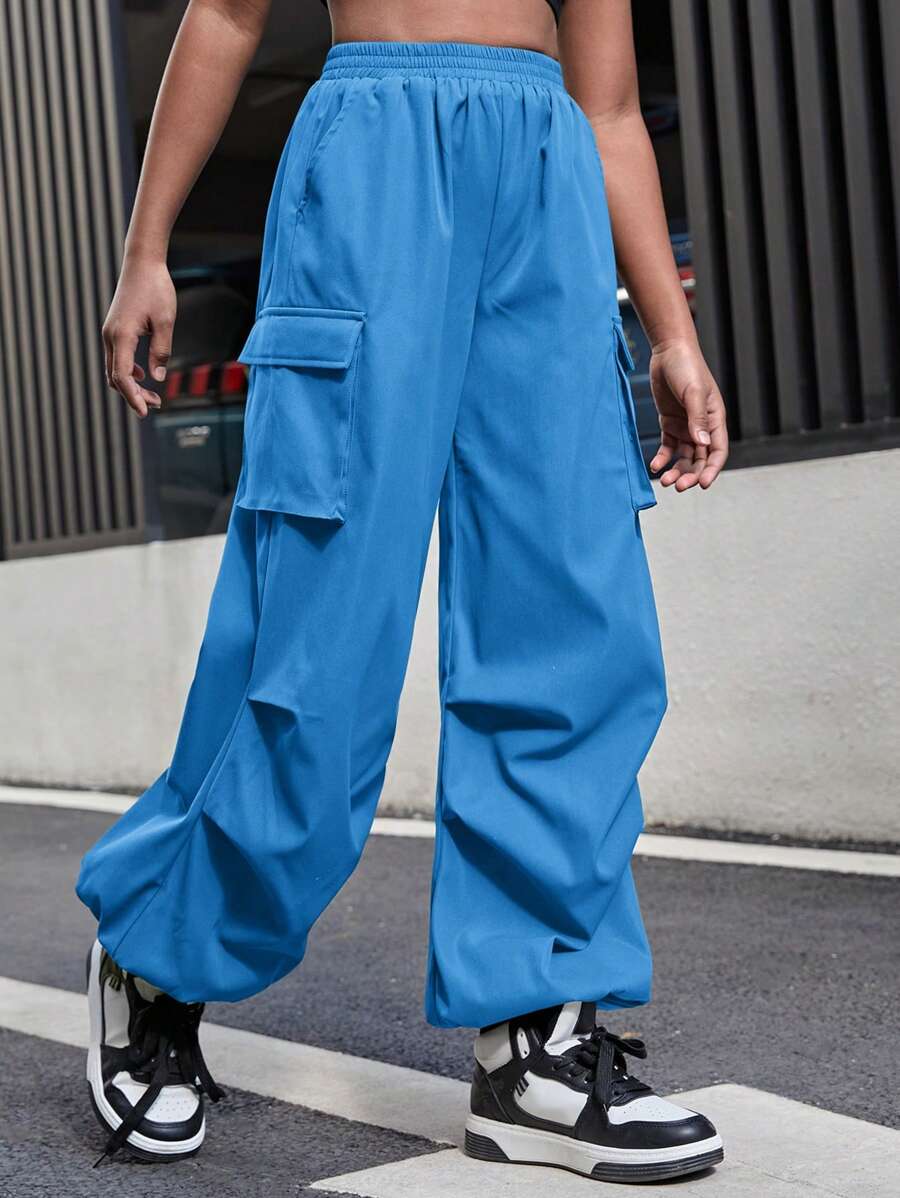 SHEIN 年輕女孩運動休閒鬆緊腰手風琴口袋純色工作褲，帶彈口袋褶邊夏季褲款 - 藍色 - 查看 1