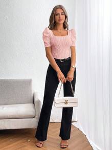 SHEIN Privé Textured Square Neck Short Sleeve Casual T-Shirt - Baby Pink - View 3