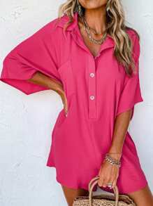 Astylish Plain Half Sleeve Button Collared Loose Oversized Shorts Romper With Pocket Summer Outfits For Women - Pink - View 1