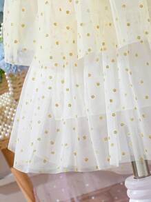 Baby Girl Color-Block Polka Dot Tulle Dress With Embroidered Flower And Tiered Mesh Layers - Blue and White - View 5