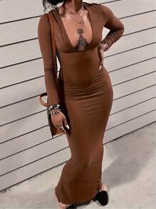 女式深 V 领长袖超长紧身连衣裙，性感又时尚 - 棕色 - 查看 1