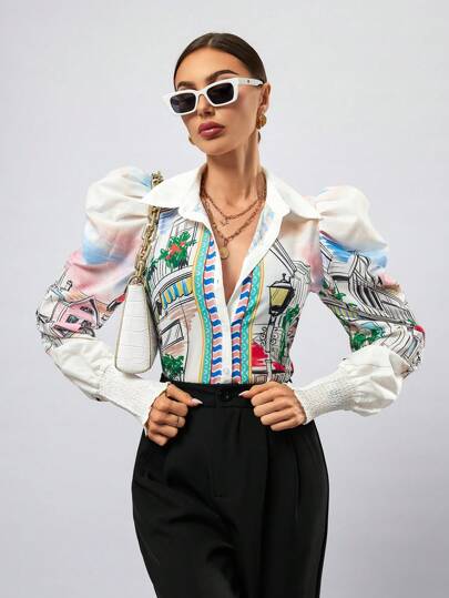 SHEIN Privé Painting Print Button Down Long Sleeve Shirt Button Up Shirt Women ,Long Sleeve Tops Fall Cloth For Women