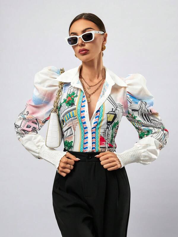 SHEIN Privé Painting Print Button Down Long Sleeve Shirt Button Up Shirt Women ,Long Sleeve Tops Fall Cloth For Women