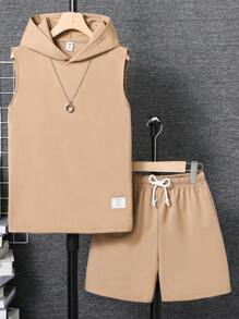 SHEIN Tween Boy 2pcs/Set Patched Detail Hooded Tank Top And Shorts Outfit