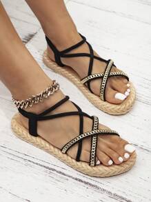 Women's Fashionable Summer Shoes Black Flat Sandals With Woven Look Strap For Beach/Casual