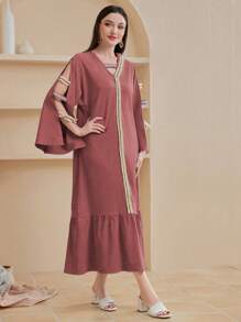 Al Najma 女款分袖阿拉伯傳統連衣裙,配編織邊修補拼接 - 西瓜粉 - 查看 1