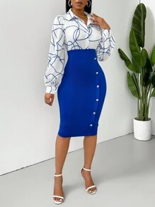 SHEIN Lady Của phụ nữ In sọc Nút Trang trí Tay áo lồng đèn Váy bodycon - Xanh đậm - Xem 7