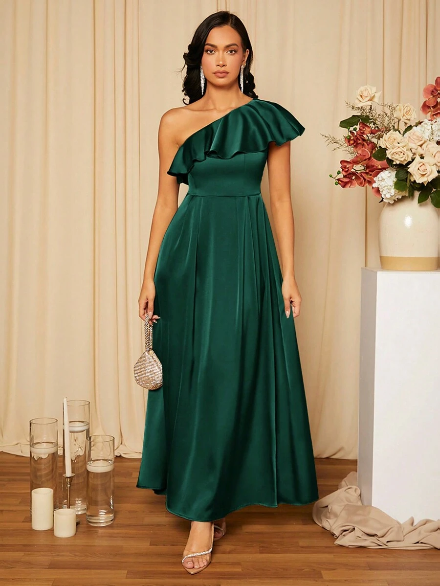 SHEIN Belle 纯色荷叶边装饰不对称领腰收腰伴娘礼服，女士正式舞会礼服，优雅舞会晚会婚礼宾客礼服，毕业典礼、晚宴派对礼服 - 墨綠色 - 查看 1