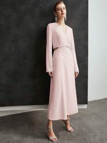 MOTF PREMIUM Einfarbiges Kleid Mit V-ausschnitt, Ausgestelltem Ärmel, Schmucksteinen Und Ausschnitt An Der Taille - Pink - Übersicht 8