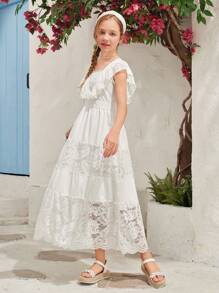SHEIN Tween Girl's Lace Patchwork Ruffle Decorated Dress
