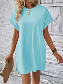 INAWLY Women's Round Neck Batwing Sleeve Solid Color Dress - Baby Blue - View 5