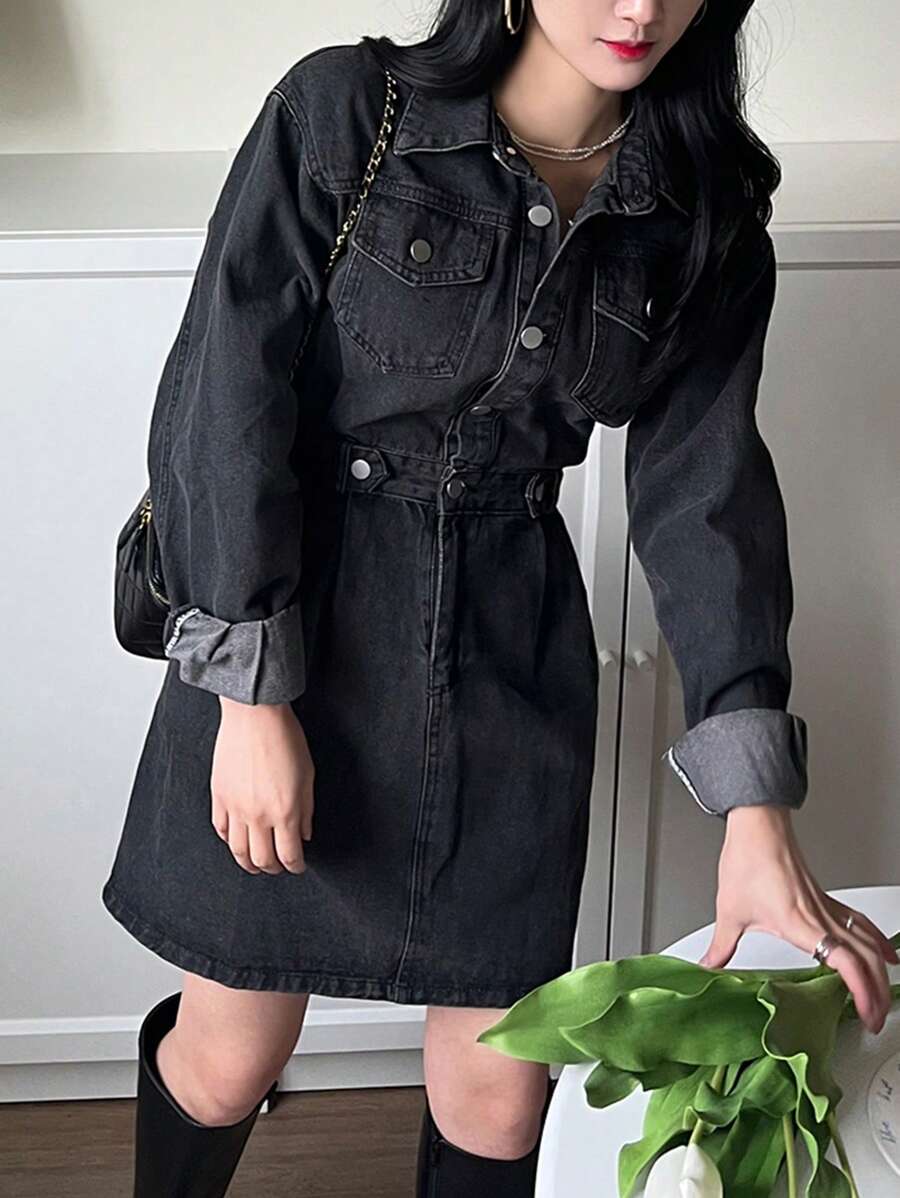 DAZY Women's Casual Denim Button Front Long Sleeve Dress - Dark Grey - View 1