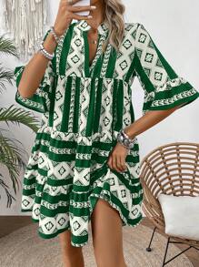 SHEIN Clasi 女士幾何圖案拼色洋裝,帶凸口領和荷葉袖 - 綠色 - 查看 6