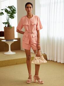 MOTF PREMIUM PURE LINEN SOLID FLAP POCKET BUCKLE BELTED BLOUSE - Dusty Pink - View 9