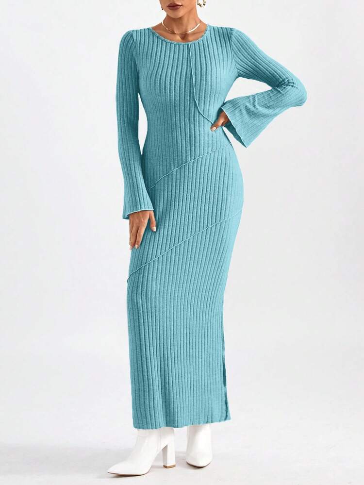 Solid Color Rib-Knit Flare Sleeve Dress
