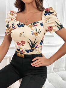 SHEIN Privé Camiseta De Manga Abullonada De Cuello Redondo Con Impresión De Botánica Y Libélula Para Mujer - Albaricoque - Ver 5