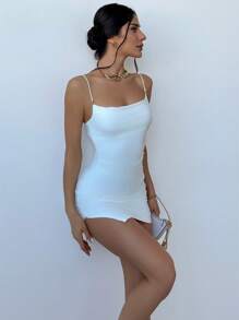 Aloruh 金屬拼接高領修身開叉裙,女性服裝 - 白色 - 查看 2