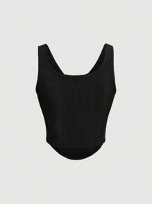 SHEIN MOD 女款純色修身不對稱下擺背心，深V領線設計 - 黑色 - 查看 2