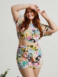 Earth Day Fanverse Picks Plus Cartoon Graphic Drop Shoulder Top & Shorts Set Short Sets Summer
