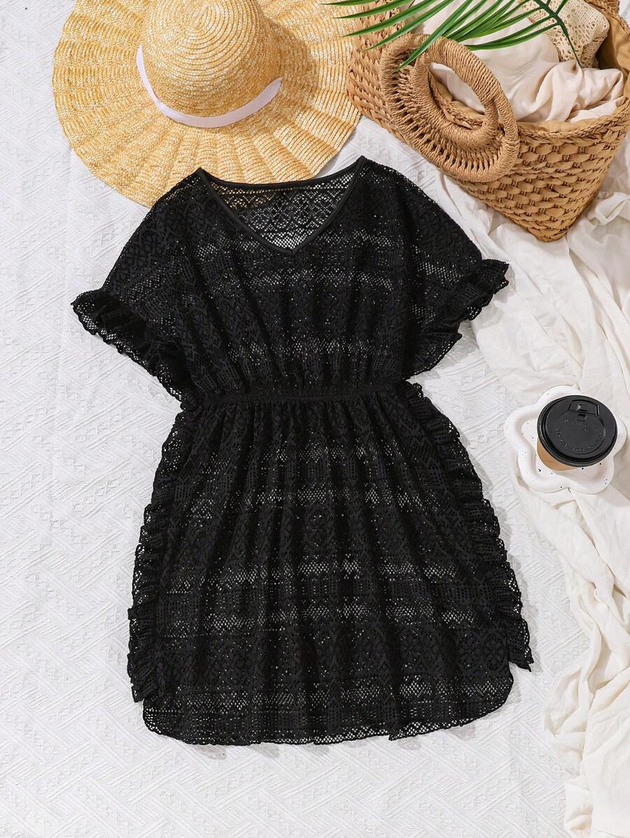 SHEIN 少女鉤針提花v領寬鬆束腰度假裙,帶褶邊下擺夏季游泳、沙灘套裝 - 黑色 - 查看 1