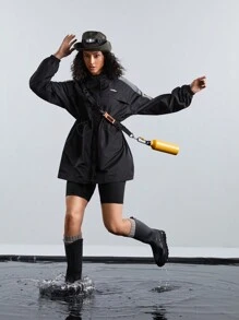 In My Nature Women's Outdoor Contrast Color Hooded Jacket With Drawstring Waist, Ideal For Hiking - Black - View 2