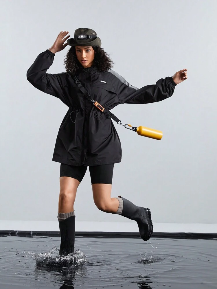 Women's Outdoor Contrast Color Hooded Jacket With Drawstring Waist, Ideal For Hiking