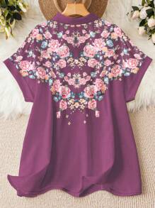 SHEIN LUNE Plus Size Floral Print Button Front Batwing Sleeve Shirt