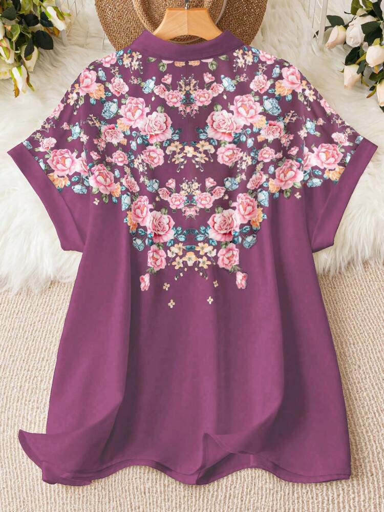 Plus Size Floral Print Button Front Batwing Sleeve Shirt
