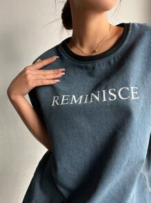 DAZY 字母印花垂肩短袖牛仔上衣 - 藍色 - 查看 6