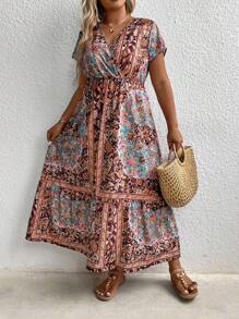 SHEIN Holidaya Kích thước lớn In hoa Cổ chữ V Kẹp chặt Eo tay cánh Đầm - Nhiều màu - Xem 4