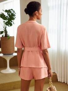 MOTF PREMIUM PURE LINEN SOLID FLAP POCKET BUCKLE BELTED BLOUSE - Dusty Pink - View 8