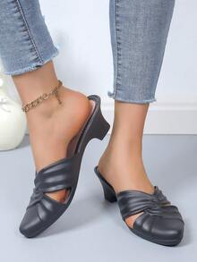 女性純色高跟泵鞋,厚跟,時尚、舒適,尖頭拖鞋 - 黑色 - 查看 5