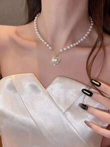 Collar con colgante de corazón con decoración de perlas falsas y hebilla OT, perfecto como regalo para el Día de San Valentín, Día de la Madre