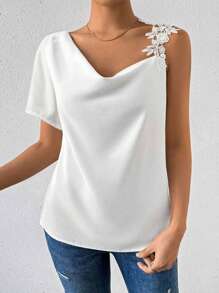 SHEIN Privé 女士不对称垂坠领单肩袖蕾丝拼布衬衫