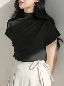 DAZY Áo thun cổ đứng trơn màu cho nữ - màu đen - Xem 2