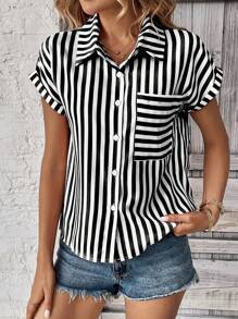 EMERY ROSE Camisa A Rayas Con Botones Y Bolsillos