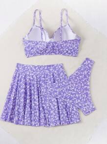Swim Mod Conjunto de bikini para mujer con estampado de flores pequeñas para verano en la playa, 3 piezas - Púrpura malva - Ver 2