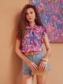 MOTF PREMIUM ALLOVER PRINT TIE NECK RUFFLE ARMHOLE BLOUSE