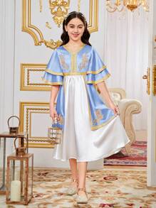 SHEIN Tween Girls' Fitted Dual-Layered Ruffle Sleeve V-Neck Floral Embroidery Dress
