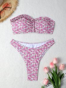 SHEIN Swim Women's Ditsy Floral Frill Trim Bikini Set Summer Beach - Multicolor - View 1