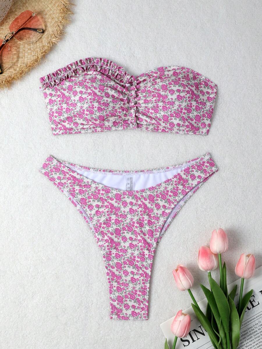 SHEIN Swim Women's Ditsy Floral Frill Trim Bikini Set Summer Beach - Multicolor - View 1