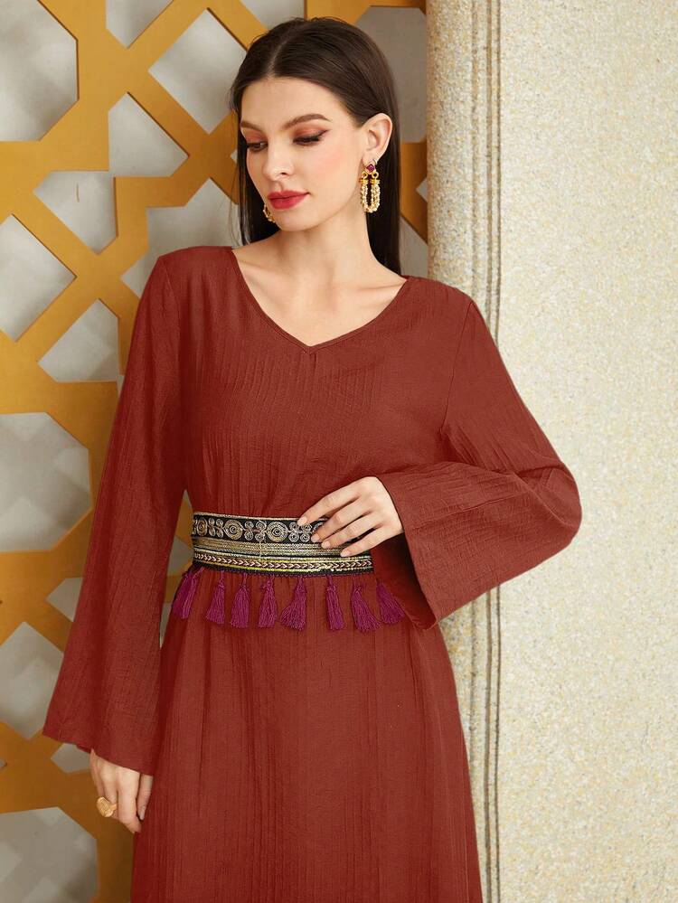 Women's Fringed Long Sleeve Arabian Dress With Waist Patchwork