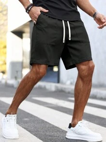 Manfinity Homme Short Suelto Para Hombre Con Cintura De Cordón Y Bolsillos Inclinados - Negro - Ver 4