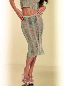 SHEIN BAE Solid Color Ripped Sweater Skirt - Blue - View 8