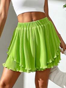 SHEIN Privé Women's Summer A-Line High Waist Pleated Mini Skort With Layered Hem And Wide Legs - Green - View 1