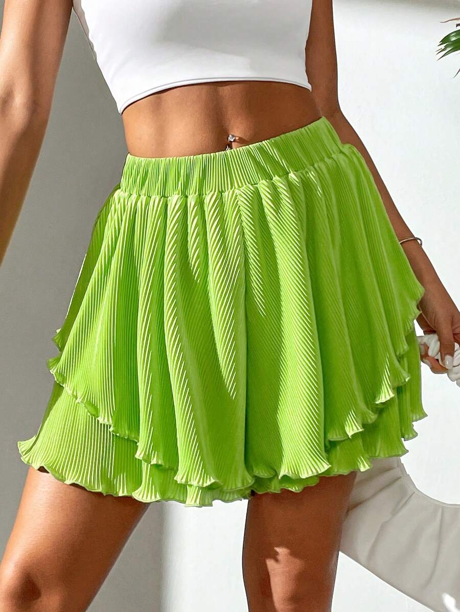 SHEIN Privé Women's Summer A-Line High Waist Pleated Mini Skort With Layered Hem And Wide Legs - Green - View 1